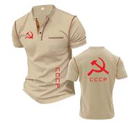Men's Graphic Henley T-Shirts Undershirt for C.C.C.P Lightweight Short Sleeved Patchwork Tee Top Clothes Comfortable Half Sleeve Stand Collar Polo Shirts-KQS||3X_l