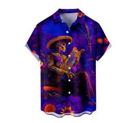 Men's Graphic Skeleton Shirt, Day of The Dead Mexican Button Down Casual Shirt, Dia De Los Muertos Long Sleeve Theme Shirt for Festive Holiday Party,4XL