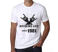 Men's Graphic T-Shirt Rocking Life Since 1981 43rd Birthday Anniversary 43 Year Old Gift 1981 Vintage Eco-Friendly Short Sleeve Novelty Tee White L