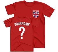 Mens Great Britain Flag Badge Custom Name and Number T Shirt, Football Personalised Jubilee United Kingdom Gifts for Him, England Scotland Wales Northern Ireland Tee, M, Red