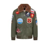 Men's Green Air Force A2 Flight Leather Bomber Jacket with Sheepskin Collar and Patches