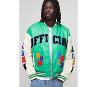 Mens Green Boxy Fit Letter Badge Official Applique PU Varsity Bomber Jacket, Green L