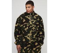 Mens Green Oversized Boxy Borg Camo Quarter Zip Funnel Sweatshirt, Green M