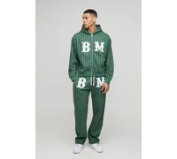 Mens Green Oversized Boxy Pinstripe Applique Zip Hooded Tracksuit, Green S