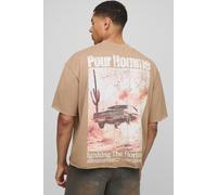 Mens Green Oversized Boxy Raw Edge Extended Neck Western Graphic T-Shirt, Green M