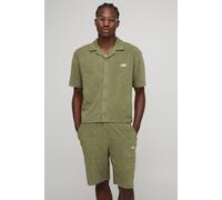 Mens Green Oversized Boxy Revere Man Embroidered Towelling Shirt & Short Set, Green L