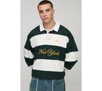 Mens Green Oversized Shrunken Boxy New York Embroidered Stripe Rugby Polo, Green L