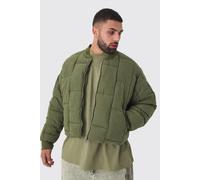 Mens Green Plus Boxy Peached Square Quilted Bomber Jacket, Green XXXXXL