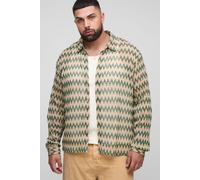 Mens Green Plus Oversized Zig Zag Crochet Long Sleeve Collared Shirt, Green 2XL