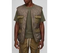 Mens Green Regular Fit Collarless Quilted Ripstop Colour Block Gilet, Green M