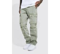 Mens Green Relaxed Fit Washed Multi Pocket Cargo Jeans, Green 34R