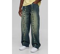 Mens Green Relaxed Floral Embroidery Denim Jeans with Let Down Hem, Green 36R