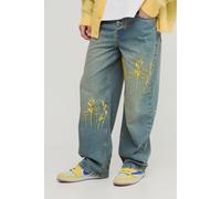 Mens Green Relaxed Rigid Embroidery Washed Denim Jeans, Green 34R