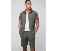 Mens Green Slim Short Sleeve Collared Shirt & Comfort Pintuck Short, Green XS