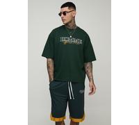 Mens Green Tall Oversized Boxy Homme Landscape Print T-Shirt & Basket Ball Short Set, Green S