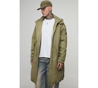 Mens Green Tall Regular Fit Peached Nylon Funnel Neck Mid Length Parka Jacket, Green 2XL