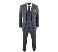 Mens Grey Black 3 Piece Tweed Suit Herringbone Wool Vintage Retro