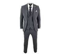 TruClothing STZ11 - Men's Grey Black 3 Piece Tweed Suit Herringbone Wool - 38" Jacket 32" Trousers