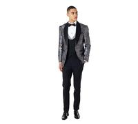 Mens Grey Blue Floral Printed Wedding Party 3 Piece Suit [SUIT-V83709-3-JASON-GREY-BLUE -42UK, 52EU]