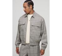 Mens Grey Checked Oversized Boxy Cargo Pocket Harrington Jacket, Grey S