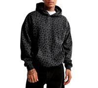 Men's Grey Leopard Print Heavy Duty Oversize Hoodie with D rawstring Hood Kangaroo Pocket Long Sleeve Casual Loose Fit Sweatshirt for Daily Wear Outdoor Y2k Streetwear(Black, XXL)