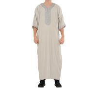 Men's Grey Moroccan Thobe Half Sleeve Gandoura Matching Embroidery Kaftan Eid Ramadan - Grey 3XL-62