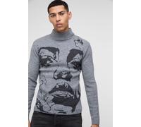 Mens Grey Muscle Fit Extended Neck Plated Face Graphic Knitted Jumper, Grey L