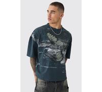 Mens Grey Oversized Boxy Butterfly Print Washed Raw Edge T-shirt, Grey S