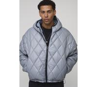 Mens Grey Oversized Boxy High Sheen Diamond Quilted Hooded Funnel Puffer Jacket, Grey L