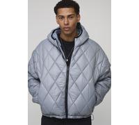 Mens Grey Oversized Boxy High Sheen Diamond Quilted Hooded Funnel Puffer Jacket, Grey S
