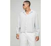 Mens Grey Oversized Boxy Revere Seersucker Stripe Long Sleeve Shirt, Grey S