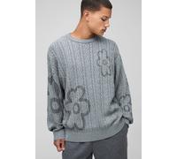 Mens Grey Oversized Fit Cable Floral Knitted Jumper, Grey M
