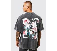 Mens Grey Oversized Floral Graphic Acid Wash T-shirt, Grey M