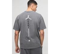 Mens Grey Oversized Japan Graphic Washed T-Shirt, Grey M