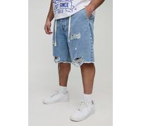 Mens Grey Plus Distressed Drawcord Relaxed Fit Denim Shorts, Grey 38
