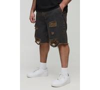Mens Grey Plus Distressed Drawcord Relaxed Fit Denim Shorts, Grey 40