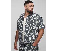 Mens Grey Plus Floral Tapestry Oversized Short Sleeve Overshirt, Grey 4XL