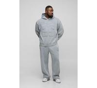 Mens Grey Plus Oversized Boxy Acid Wash Applique Hooded Tracksuit, Grey 5XL