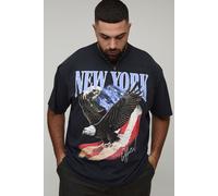 Mens Grey Plus Oversized Extended Neck Official New York Eagle Print Acid Wash T-Shirt, Grey 2XL