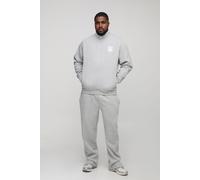 Mens Grey Plus Regular 1/4 Zip Gothic B Embroidered Funnel Neck jumper & Regular Split Hem Jogger Tracksuit, Grey 4XL