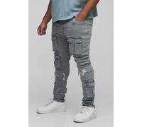 Mens Grey Plus Ruched Rip & Repair Ice Wash Cargo Skinny Jeans, Grey 40