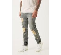 Mens Grey Plus Super Skinny Stretch Multi Rip Stacked Jeans, Grey 40