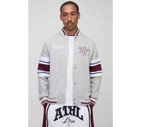 Mens Grey Regular Fit NY Hooded Jersey Varsity Jacket, Grey S