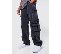 Mens Grey Relaxed Fit Acid Wash Cargo Jeans, Grey 34R