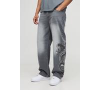 Mens Grey Relaxed Fit Snake Embroidery Washed Jeans, Grey 34R