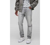 Mens Grey Slim Fit Subtle Ripped Tinted Jeans With Let Down Hem, Grey 36R