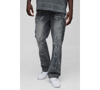 Mens Grey Slim Flared Acid Wash Cross Applique Gusset Jeans, Grey 34R
