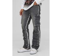 Mens Grey Slim Flared Multi Cargo Washed Jeans, Grey 34R