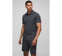 Mens Grey Slim Short Sleeve Collared Shirt & Comfort Pintuck Short, Grey L