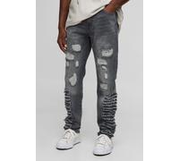 Mens Grey Slim Stacked Ripped Charcoal Washed Jeans, Grey 34R
